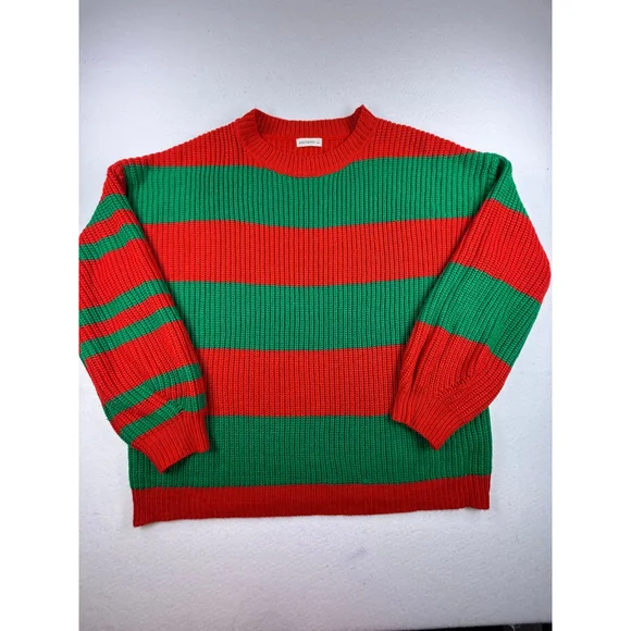 ANDTHEWHY Red Green Striped Chunky Knit Sweater M/L - Picture 1 of 6